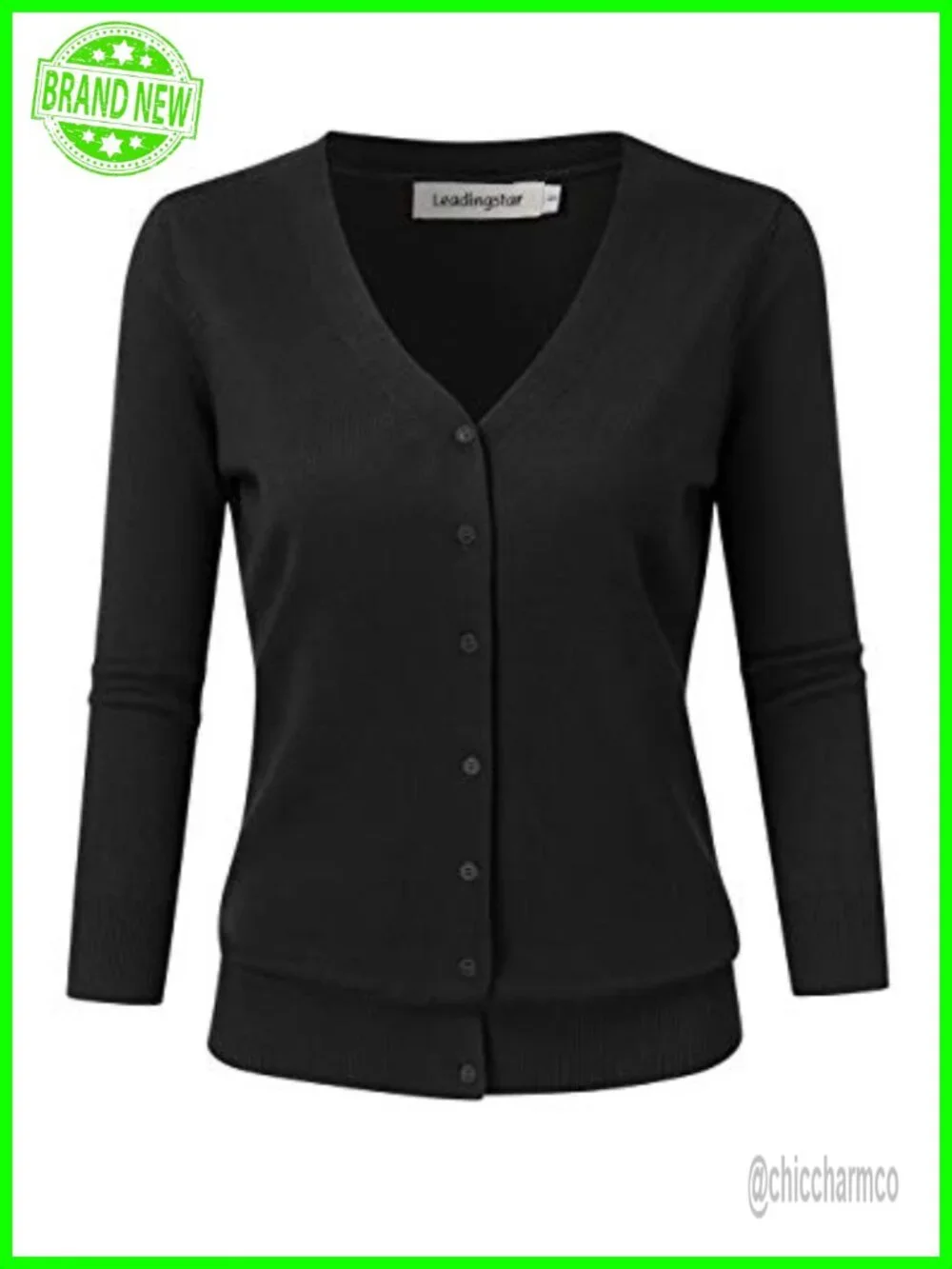 3/4 Sleeve V-Neck Button Front Cardigan Lightweight Knit Sweater